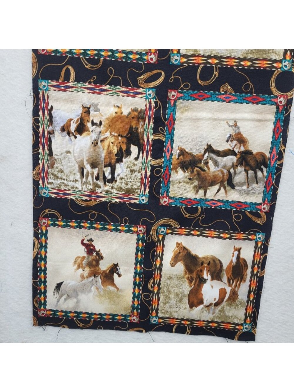Vintage Wild Horses mustang fabric panel for wall hang or pillow